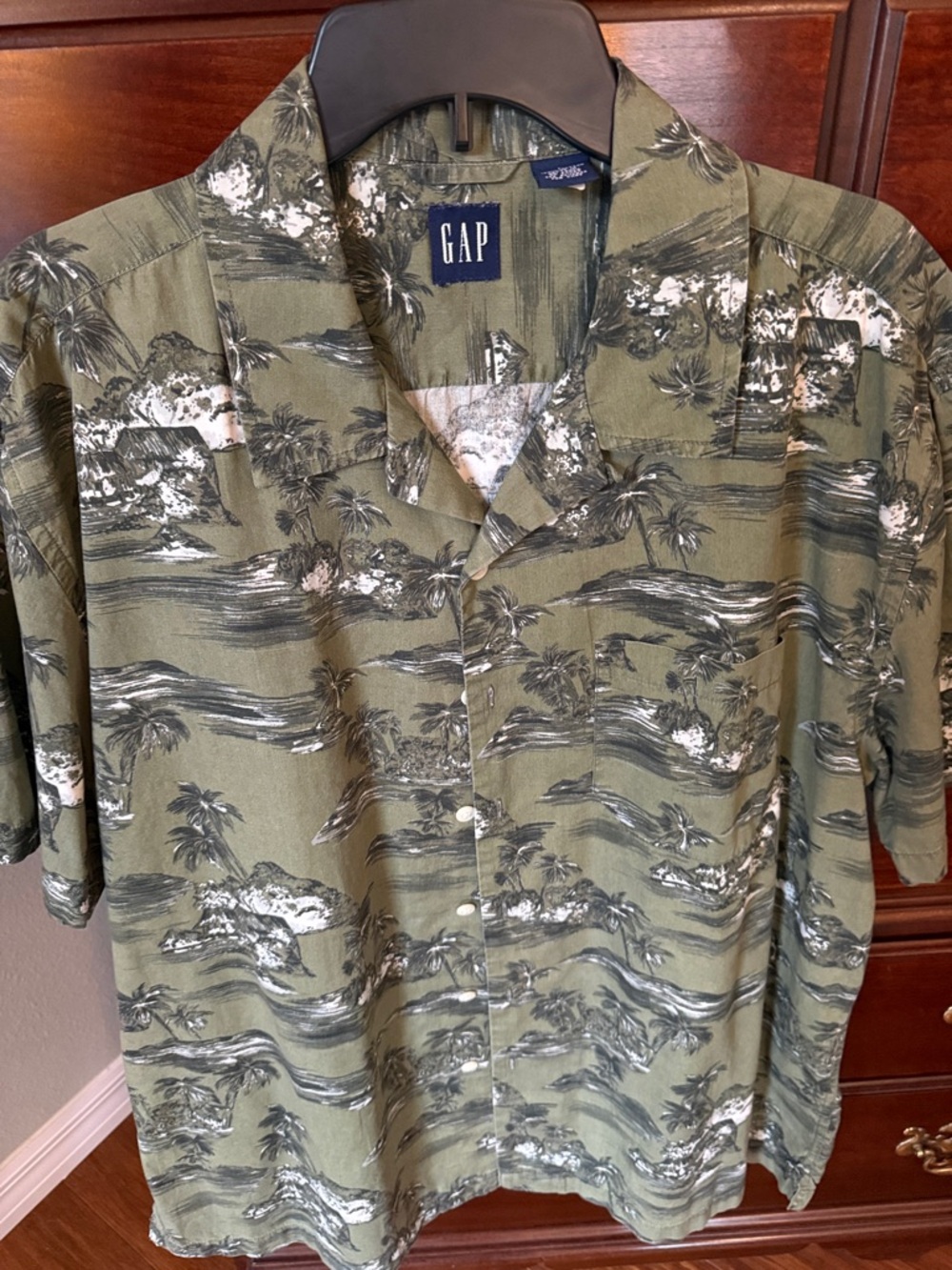 GAP Olive Green Tropical Print Short-Sleeve Shirt